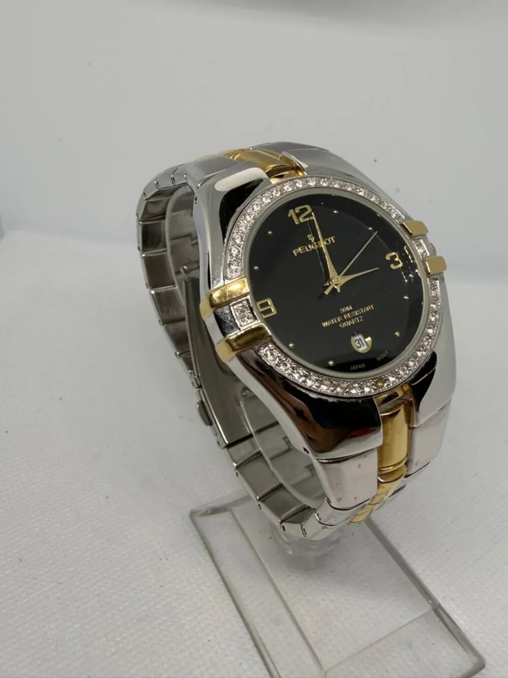 Peugeot Men's Black Dial Crystal Bezel Two-Tone Bracelet Quartz Watch 139BK